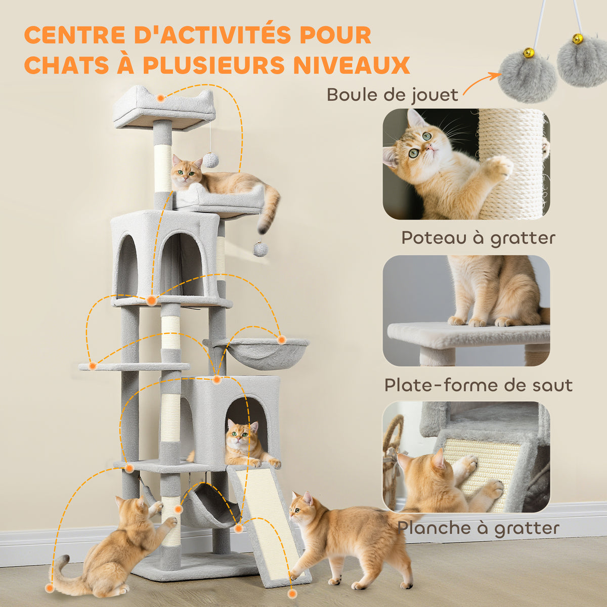 Arbre à chat tour de jeux pour chat 3 platesformes 2 niches 2 lits 2 hamacs 1 échelle hauteur 177 cm gris clair-3