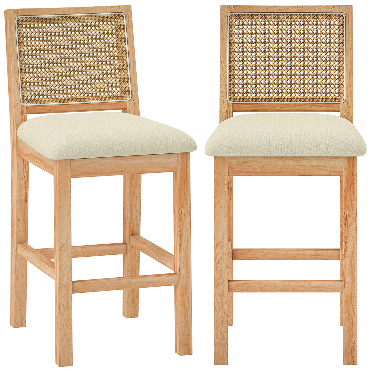Lot de 2 Tabourets de Bar, Chaises de Bar avec Dossier Effet Rotin, Assise Rembourrée en Chenille de 66H cm, Crème-0
