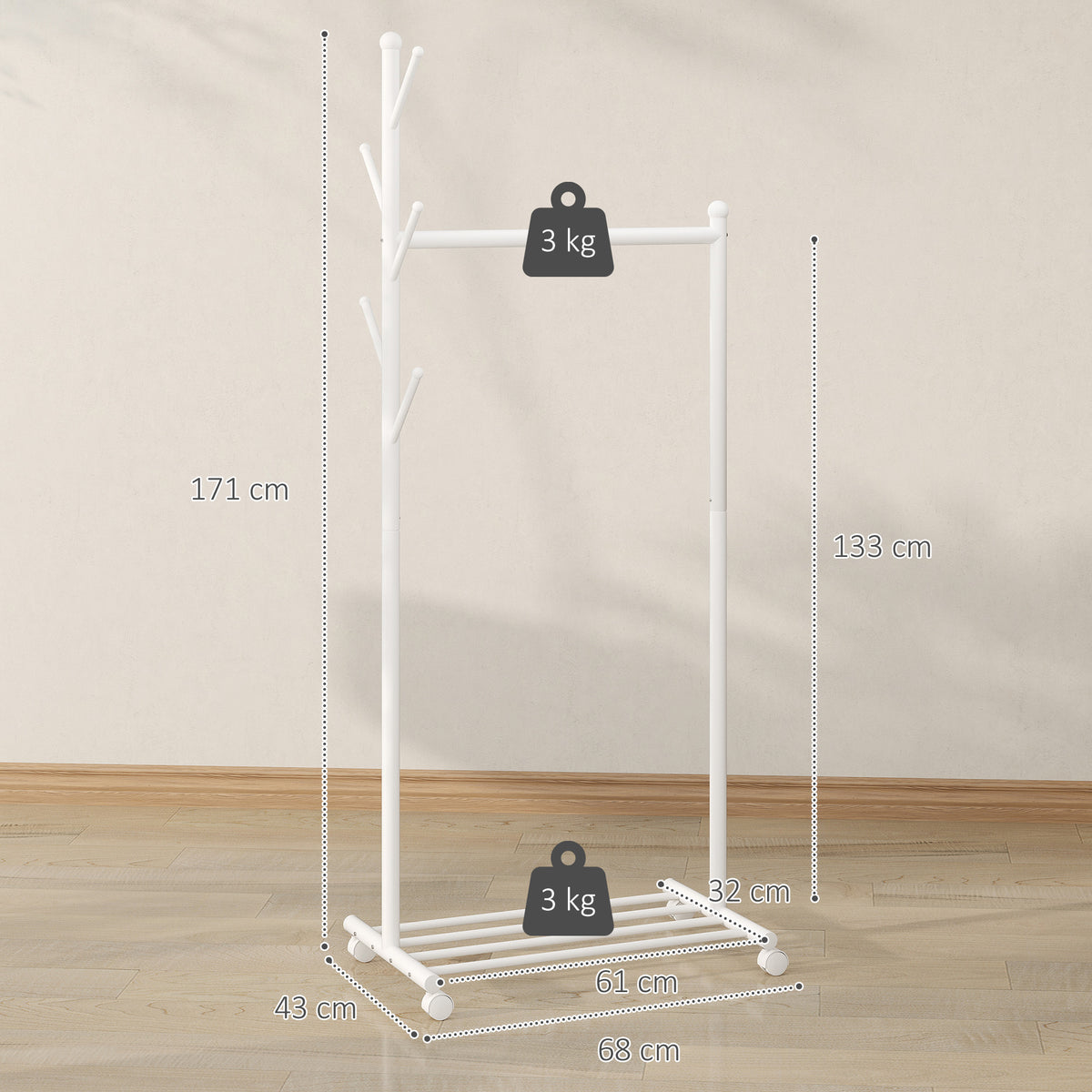 Portant à vêtements, porte-manteau sur roulettes avec étagère à chaussures et 5 crochets, 68 x 43 x 171 cm, blanc-2