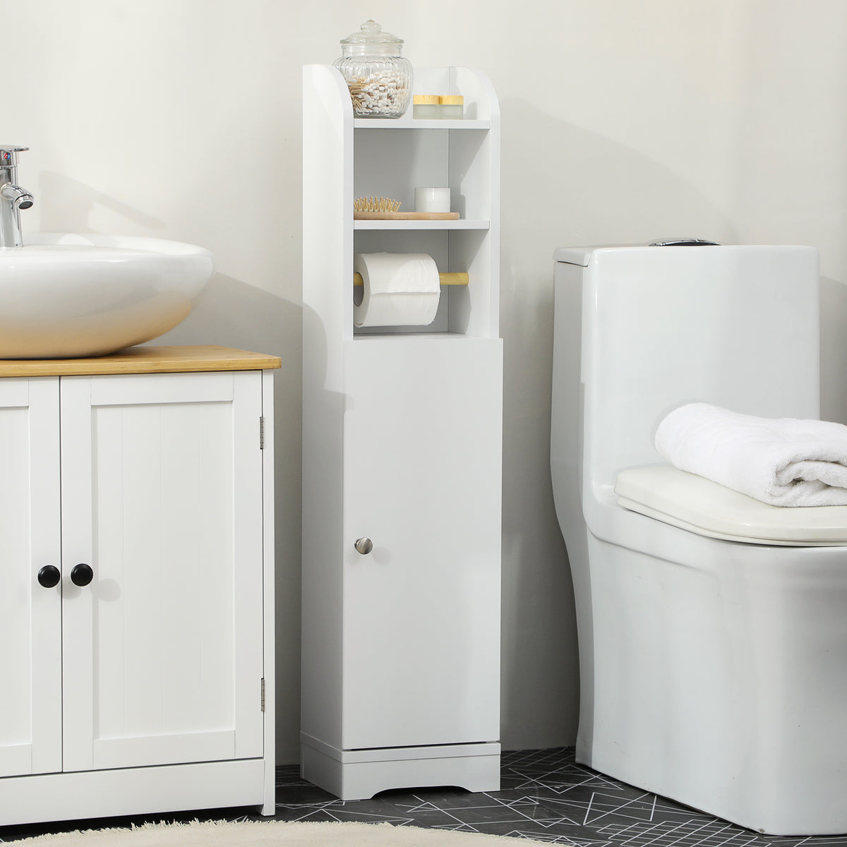 Meuble bas de salle de bain 1 étagère supérieure ouverte 2 compartiments et 1 placard 23 x 18 x 100 cm blanc-1