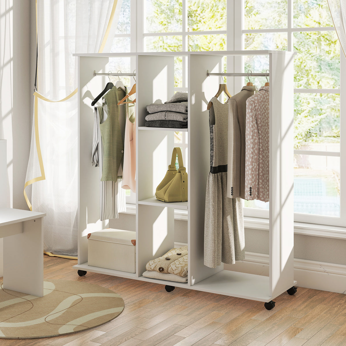 Armoire penderie meuble de rangement mobile 6 roulettes 120 x 40 x 128 cm en bois blanc-7