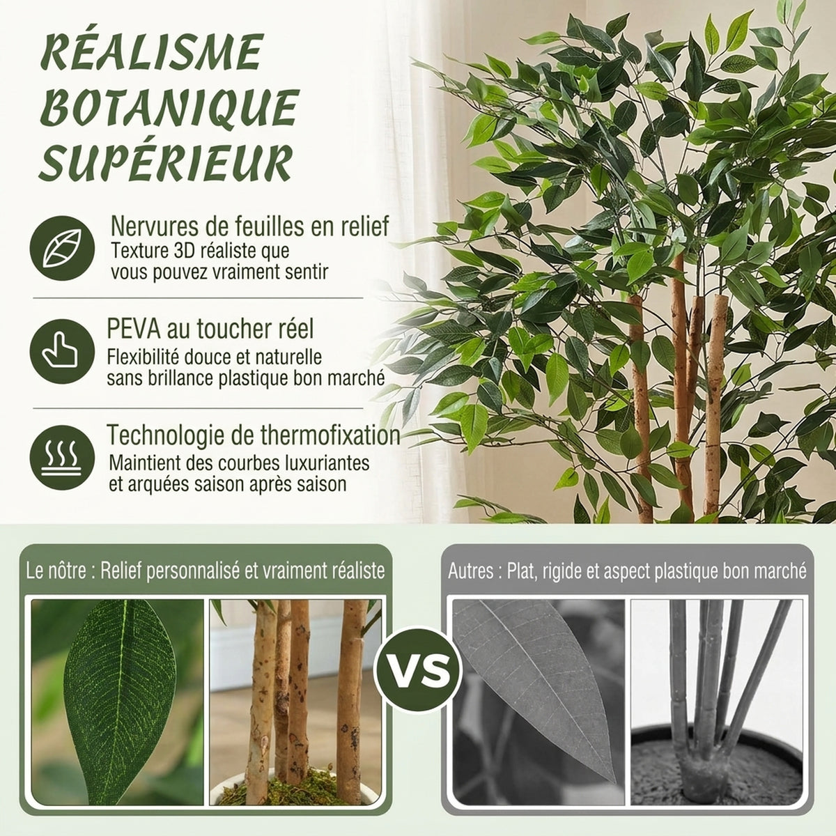 Plante artificielle intérieure 150 cm banian arbre artificiel, pot en plastique et tronc en bois massif, vert-3