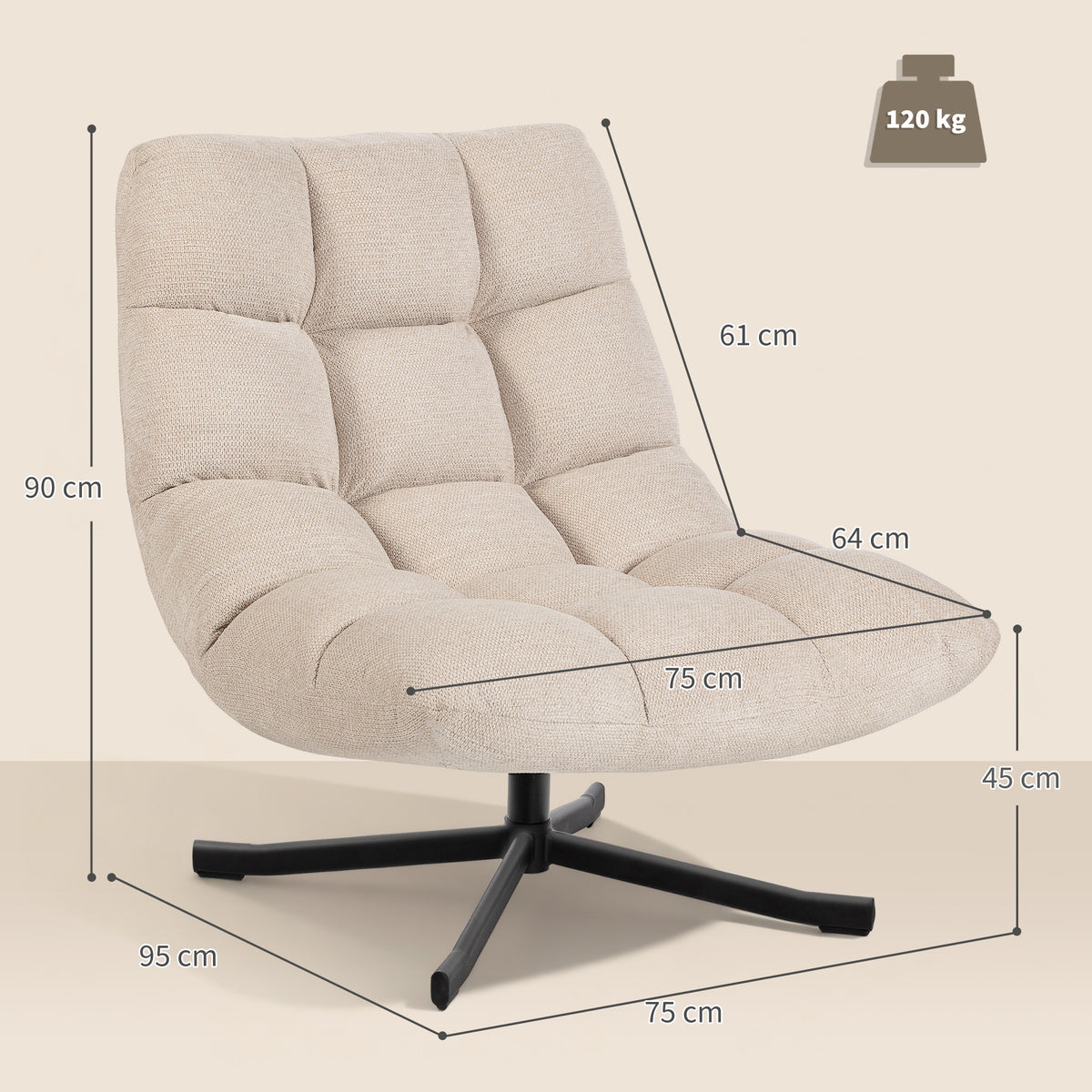 Fauteuil Salon sans Accoudoirs, Chaise Pivotante en Tissu Chenille, Assise Large, 75 x 95 x 90 cm, Crème-2