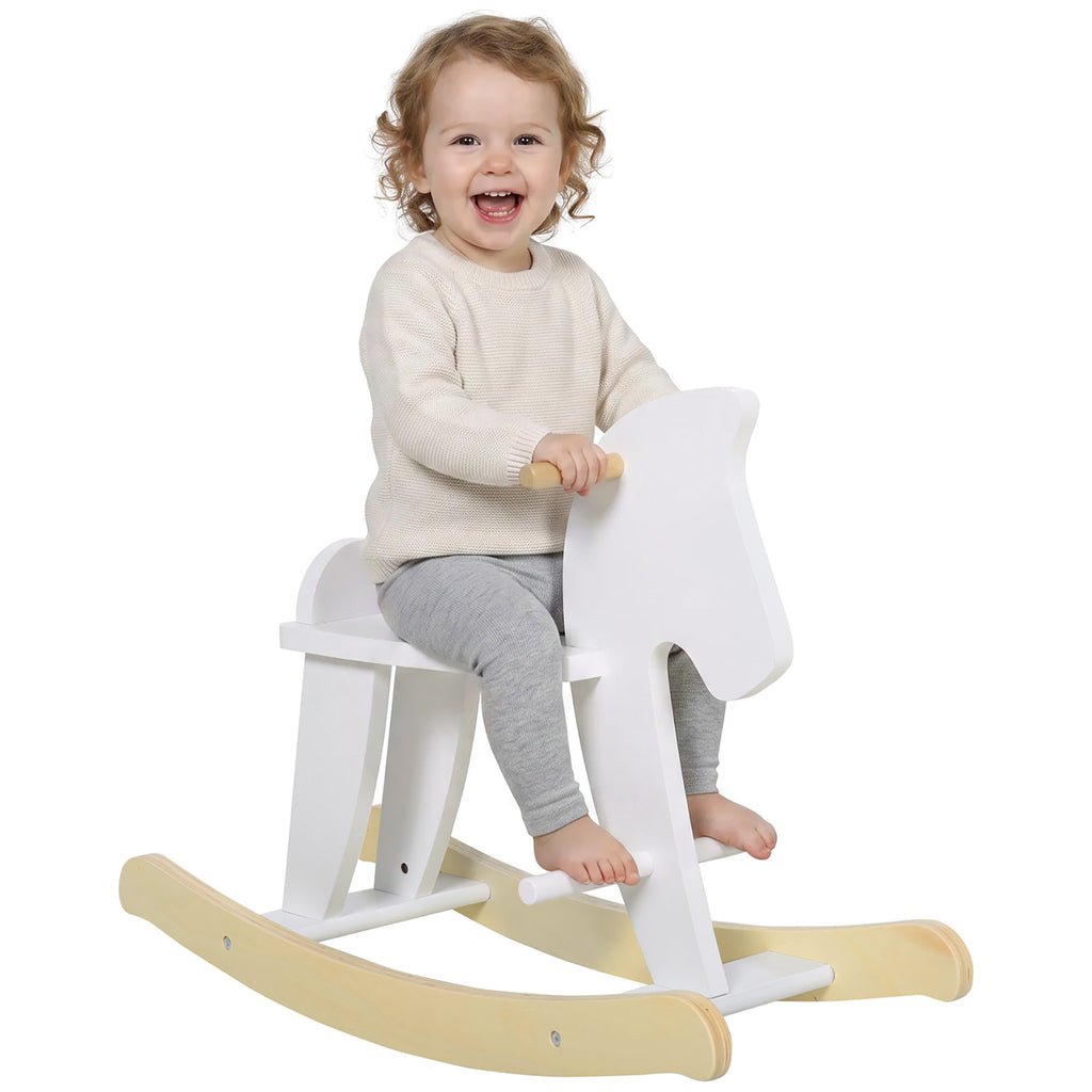 Cheval à Bascule en Bois - Jeu à Bascule Avec Poignées, Repose-Pied et Butées - MDF Contreplaqué Blanc et Bois Naturel-0