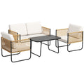 Salon de jardin 4 pièces avec canapé 2 places, 2 fauteuils, 1 table basse en verre et coussins – crème blanc-0
