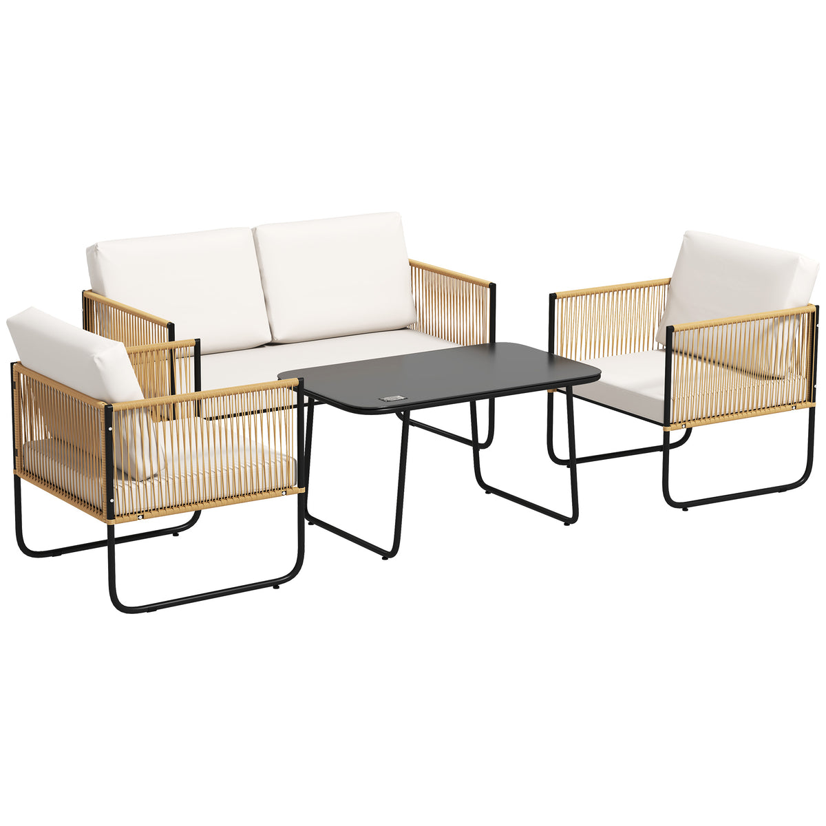 Salon de jardin 4 pièces avec canapé 2 places, 2 fauteuils, 1 table basse en verre et coussins – crème blanc-0