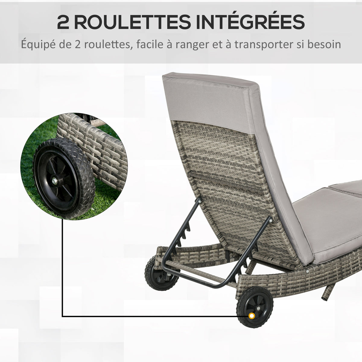 Bain de soleil transat - dossier inclinable 5 positions roulettes - matelas déhoussable inclus - résine-3