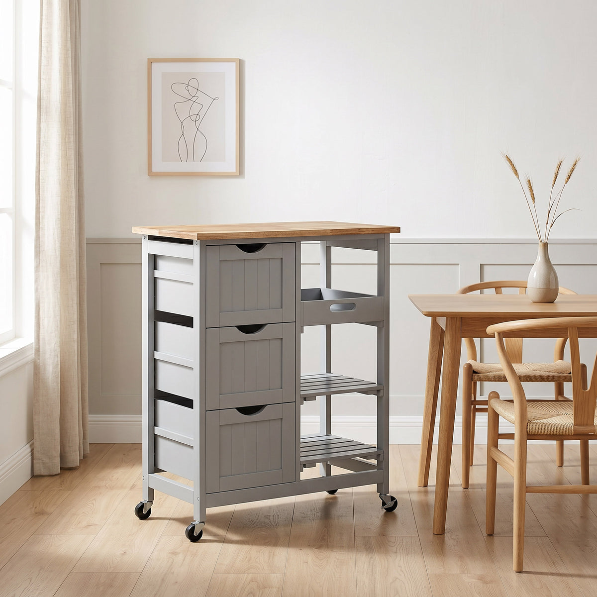 Chariot desserte de cuisine à roulettes plan de travail en bois 3 tiroirs et 1 plateau amovible 67 x 37 x 85,5 cm gris-1