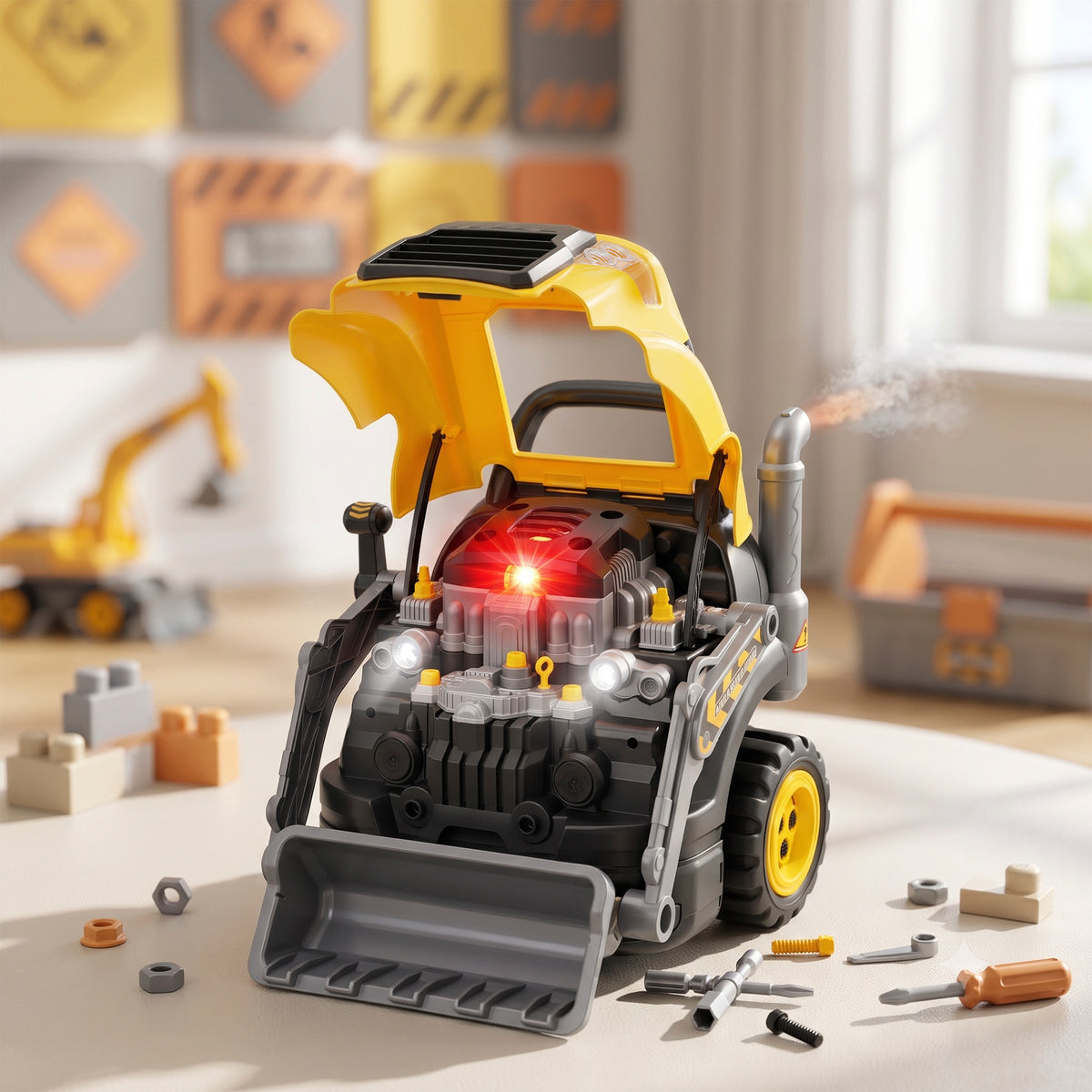 Jouet Moteur de Camion et Pelle pour Enfants, Camion Mécano, Volant, Effet de Brume, Sonores et Lumineux, 3-6 Ans, Jaune-1