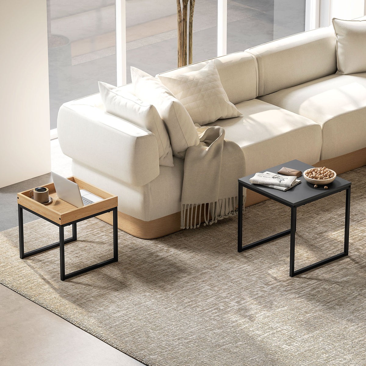 Lot de 2 tables basses gigognes carrées, tables gigognes de salon avec cadre en acier, style moderne, noir-1
