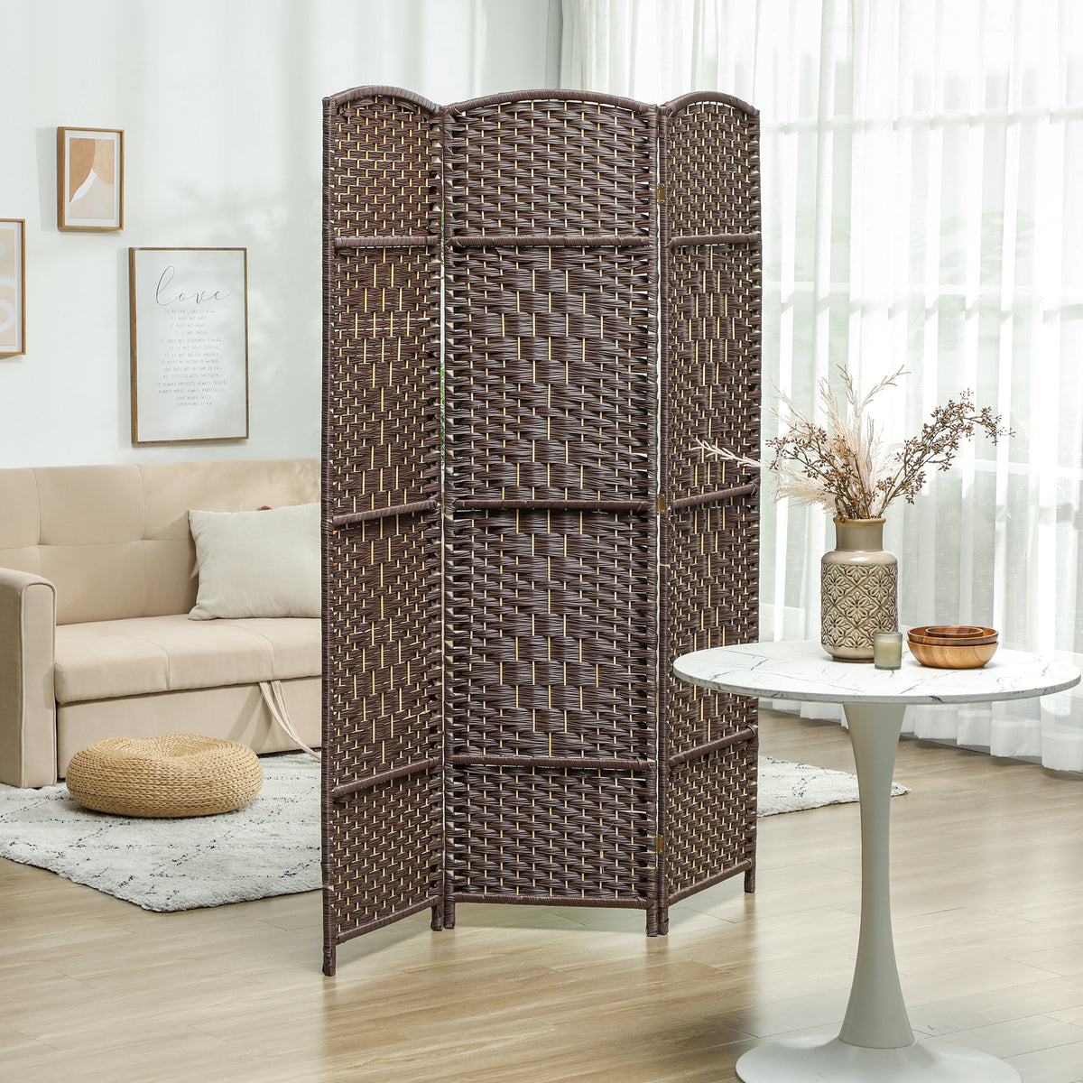 Paravent intérieur en bois 3 panneaux séparateur de pièce pliable pour salon chambre 135 x 180 cm marron-1