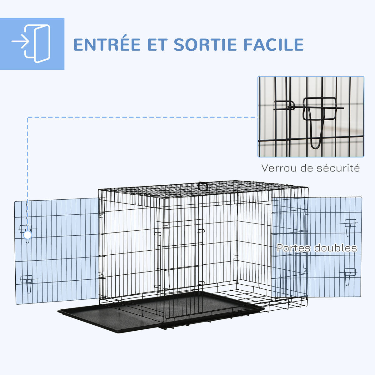 Cage caisse de transport pliante pour chien en acier 2 portes verrouillables 121 x 77 x 82 cm noir-3