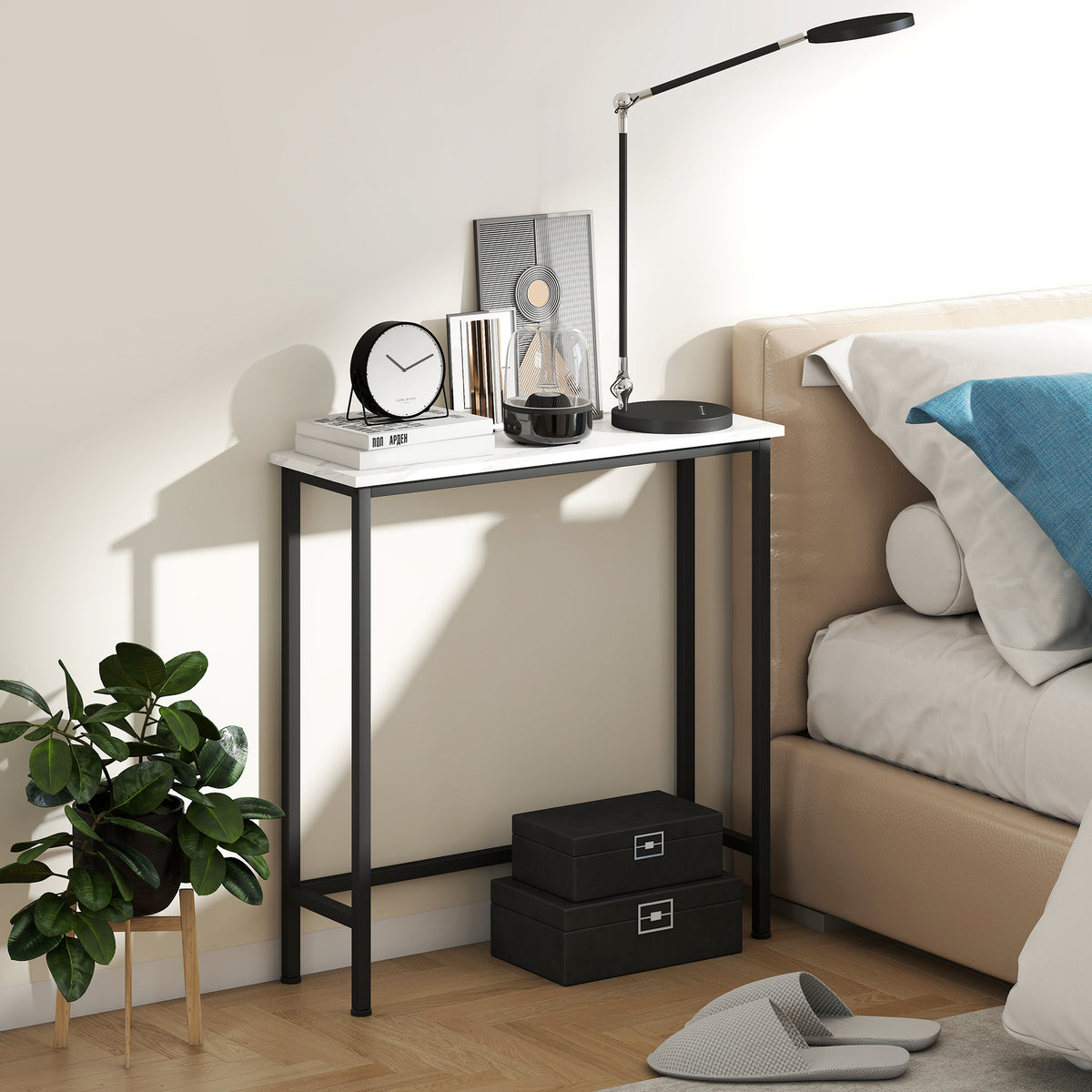 Console meuble 75 cm, table console plateaux en effet marbre, cadre en métal, style moderne blanc et noir-8
