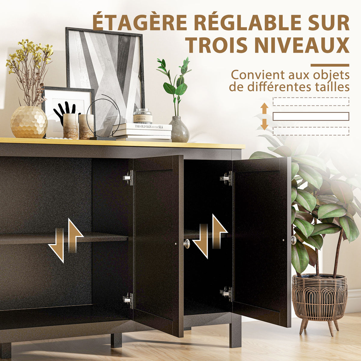 Buffet meuble de rangement avec 3 portes 2 étagères réglables plateau aspect bois clair 120 x 40 x 70 cm noir-4