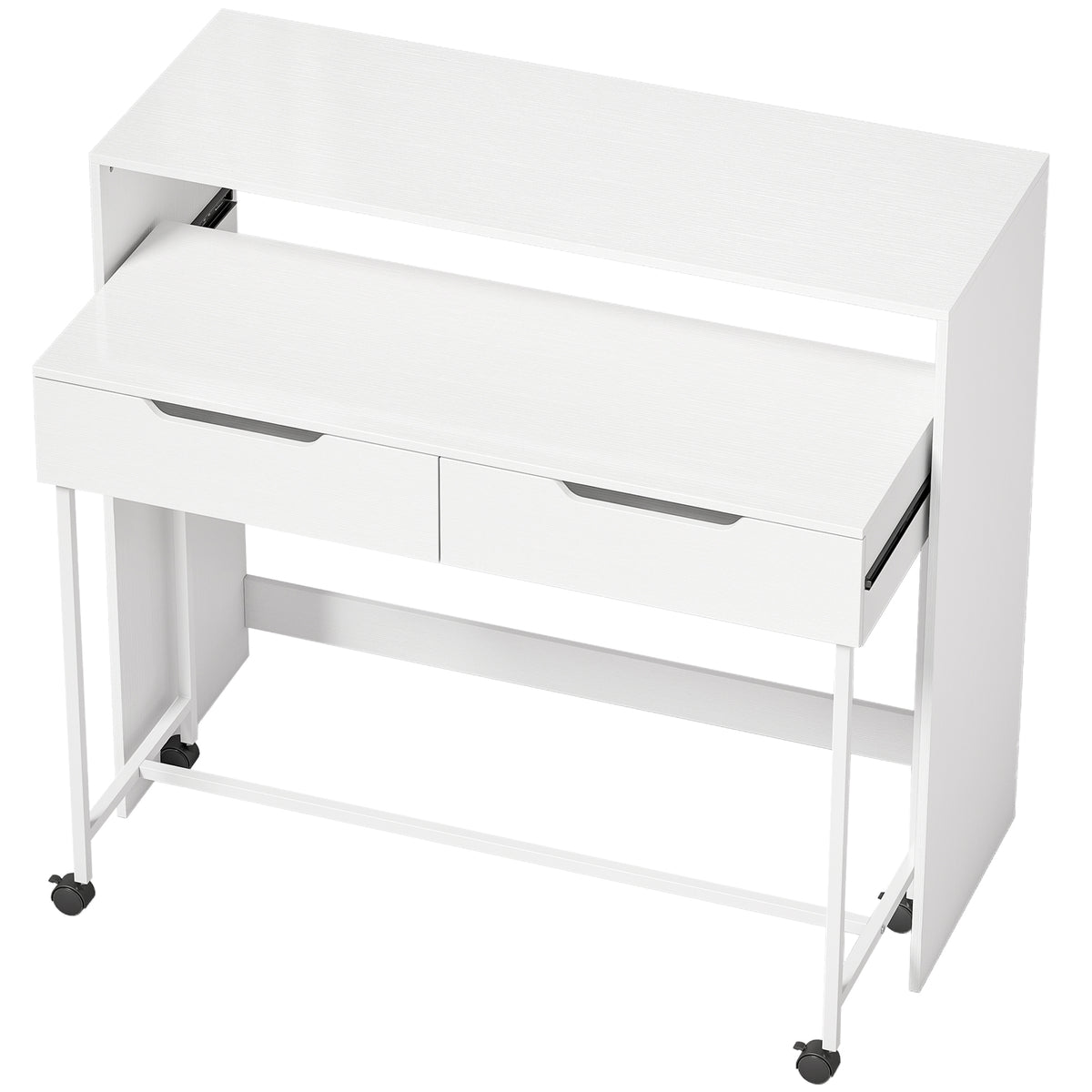 Bureau d'Ordinateur Extensible 100 cm avec 2 Tiroirs, Bureau avec Rangement, Style Moderne, Blanc-0