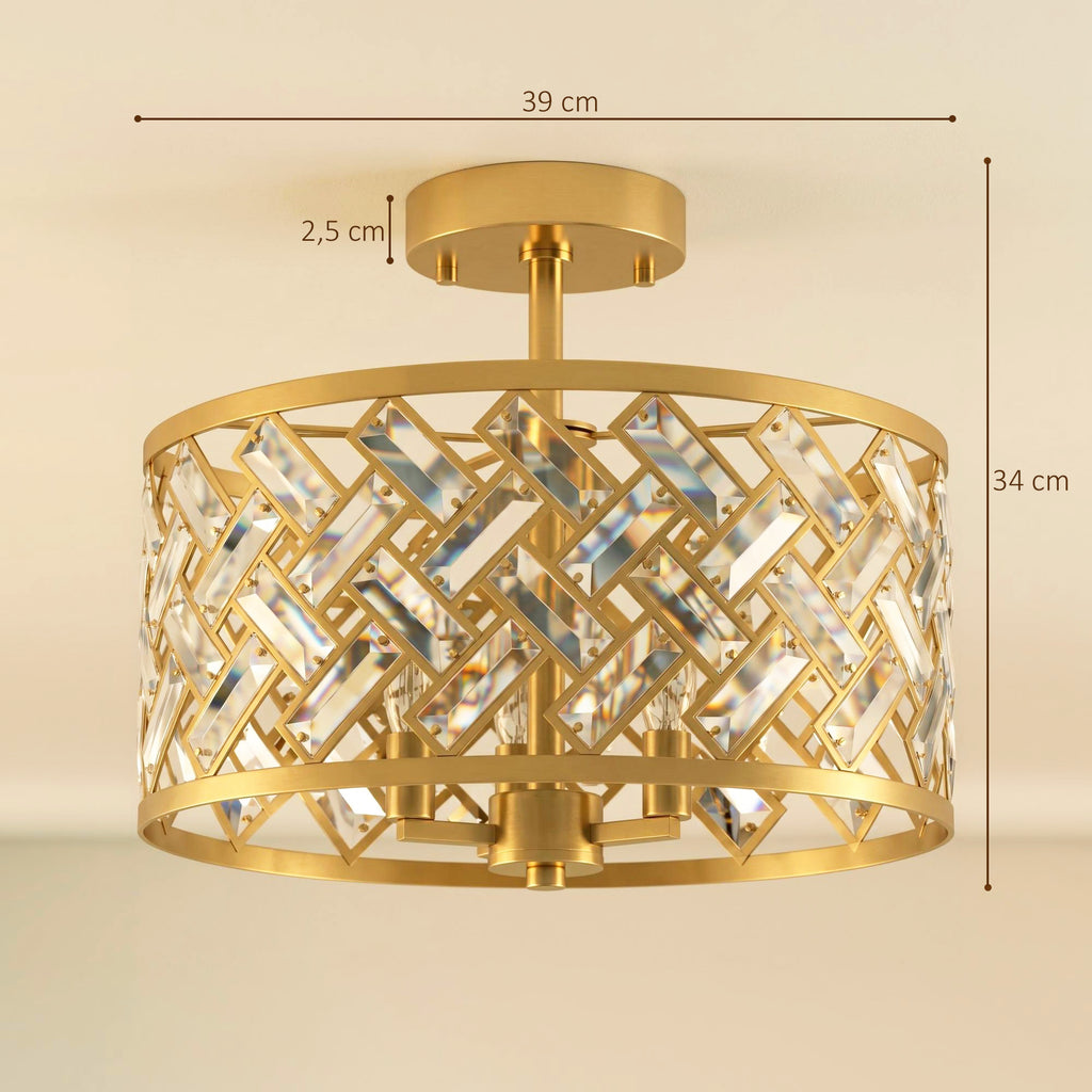 Plafonnier en Cristal Moderne Rond, Lustre Plafonnier avec Abat-jour, 3 Ampoules E14, Ø 39 x 34 cm, Doré-2