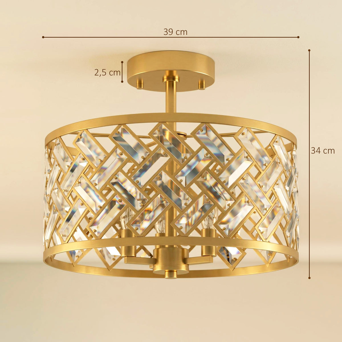 Plafonnier en Cristal Moderne Rond, Lustre Plafonnier avec Abat-jour, 3 Ampoules E14, Ø 39 x 34 cm, Doré-2