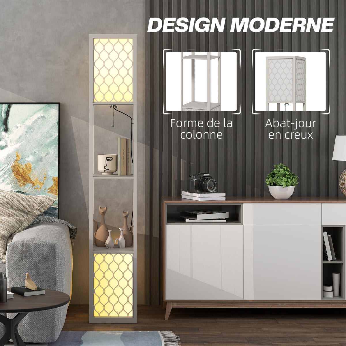 Lampadaire étagère 2 lampes 2 étagères 4 niveaux MDF gris motif nid d'abeille 26 x 26 x 156 cm gris-4