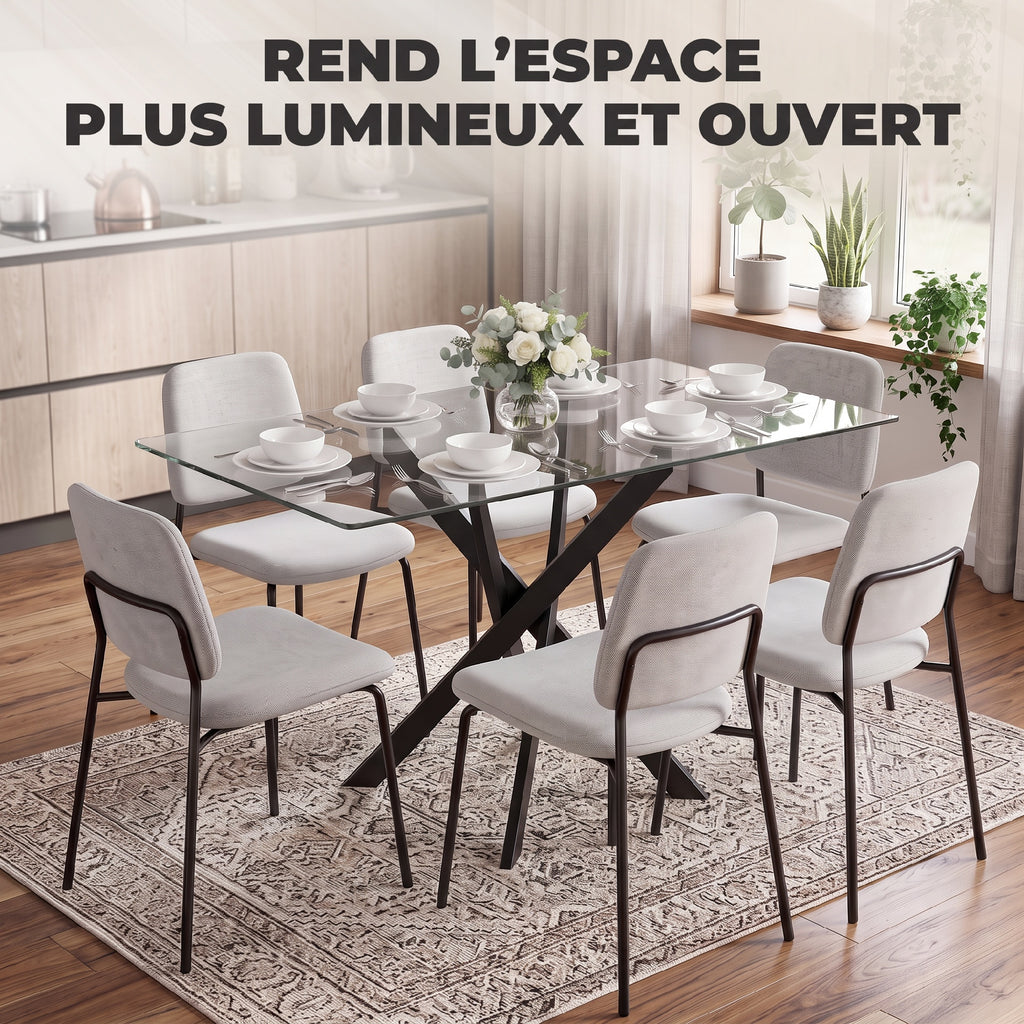 Table de Cuisine, Plateau en Verre Trempé, Piétement Croisé en Acier, Style Moderne, pour Salle à Manger, Cuisine, Salon-6