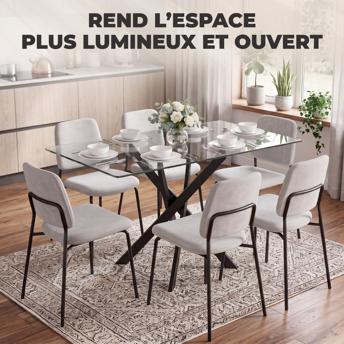 Table de Cuisine, Plateau en Verre Trempé, Piétement Croisé en Acier, Style Moderne, pour Salle à Manger, Cuisine, Salon-6