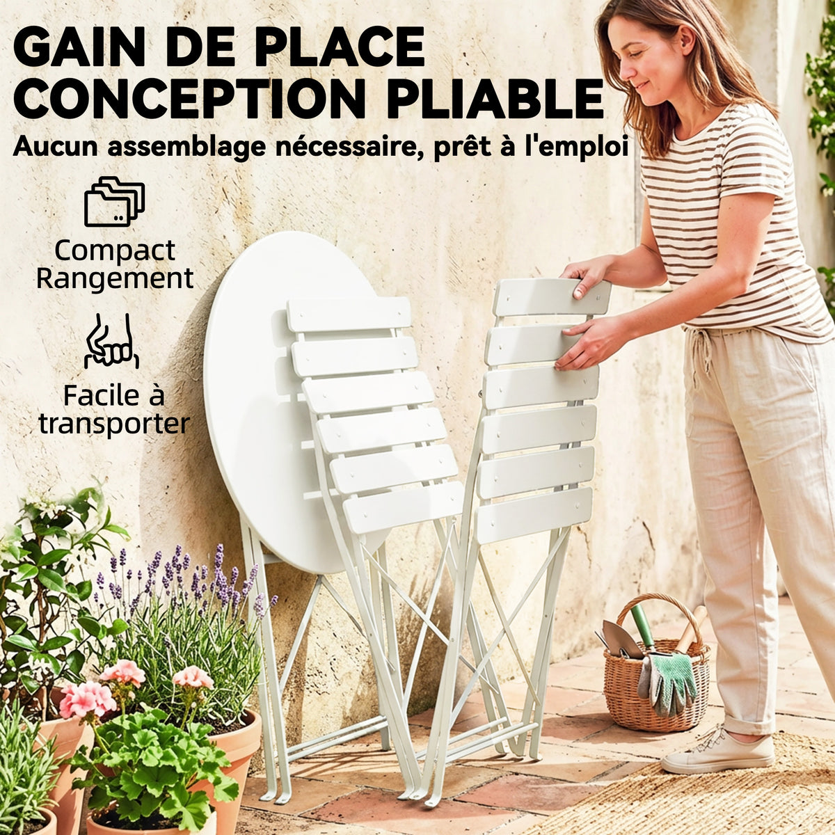 Ensemble Bistrot de Jardin 3 Pièces Table et 2 Chaises Pliantes à Lattes Double Protection Antirouille Crème-5
