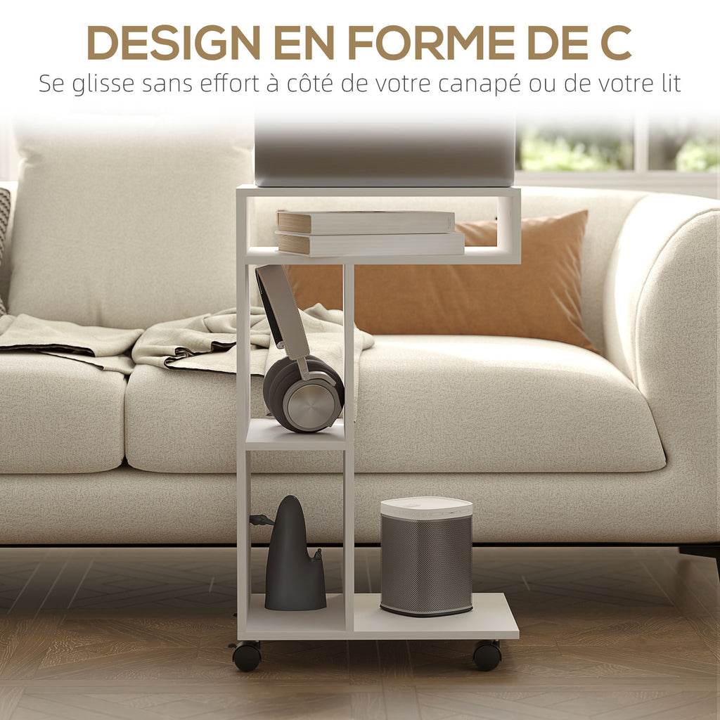 Table d'appoint en forme de C avec roulettes, avec 3 compartiments et 1 étagère ouverte, 40 x 30 x 69 cm, blanc-4