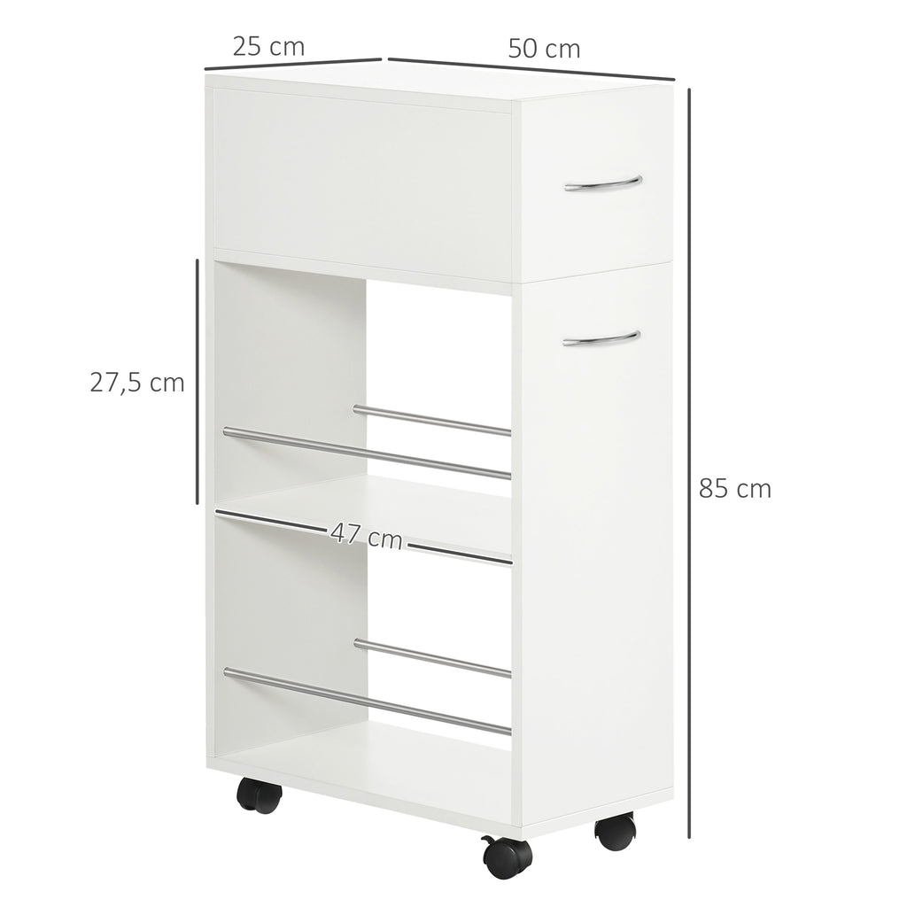 Chariot de cuisine avec 1 tiroir et 2 étagères ouvertes sur roulettes pour 25 x 50 x 85 cm Blanc-2