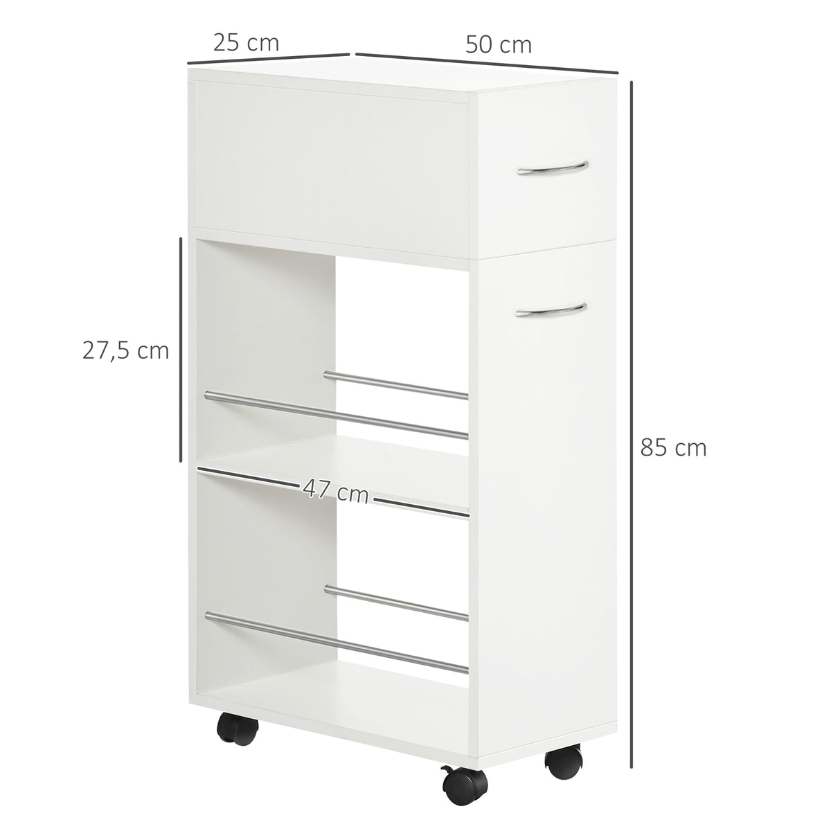 Chariot de cuisine avec 1 tiroir et 2 étagères ouvertes sur roulettes pour 25 x 50 x 85 cm Blanc-2