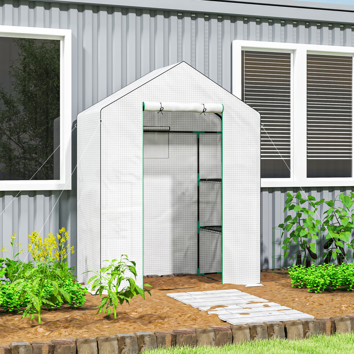 Serre de jardin avec 1 porte, 2 fenêtres et 2 étagères en forme de U pour Légumes Plantes Fleurs Bâche PE 140x73x190 cm-1