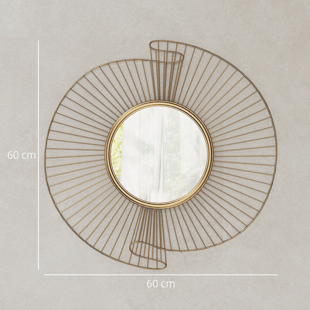 Miroir décoratif rond 60 cm avec fixation à 360°, décoration murale en métal moderne avec détails plissés, doré-2