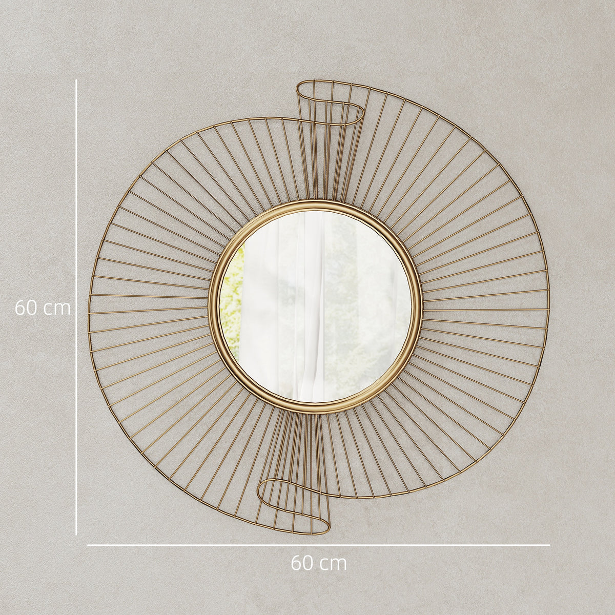 Miroir décoratif rond 60 cm avec fixation à 360°, décoration murale en métal moderne avec détails plissés, doré-2