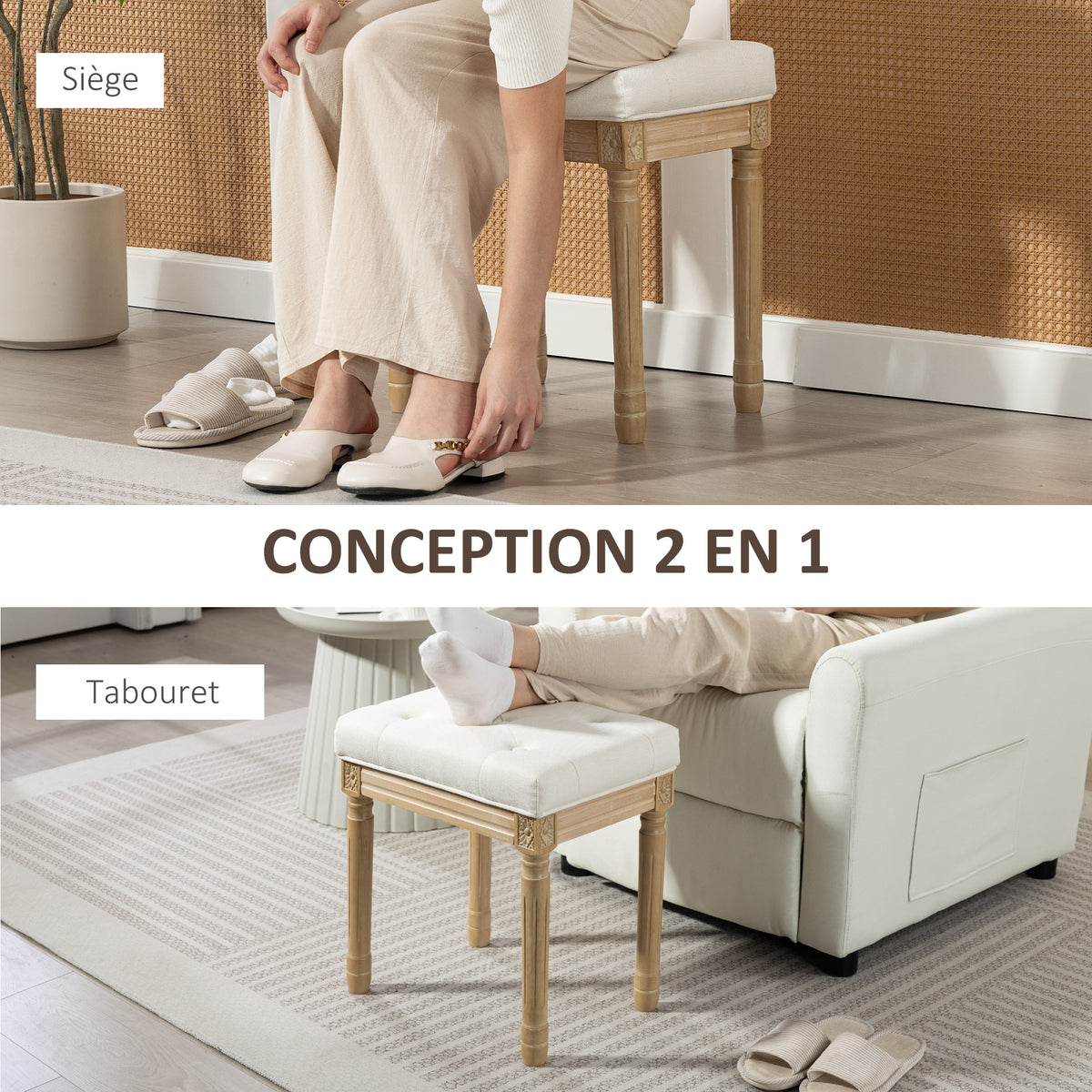 Repose pied salon, ottoman, siège rembourré en tissu aspect lin avec pieds en bois d'hévéa, 42 x 32 x 46,5 cm, beige-5