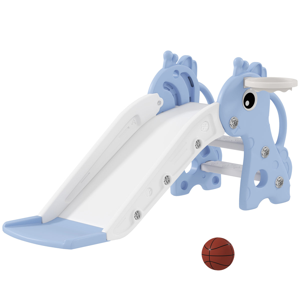 Toboggan pour enfants 3 en 1 en forme de girafe avec panier de basket, escalade et ballon, 106 x 51,5 x 52 cm, bleu-0
