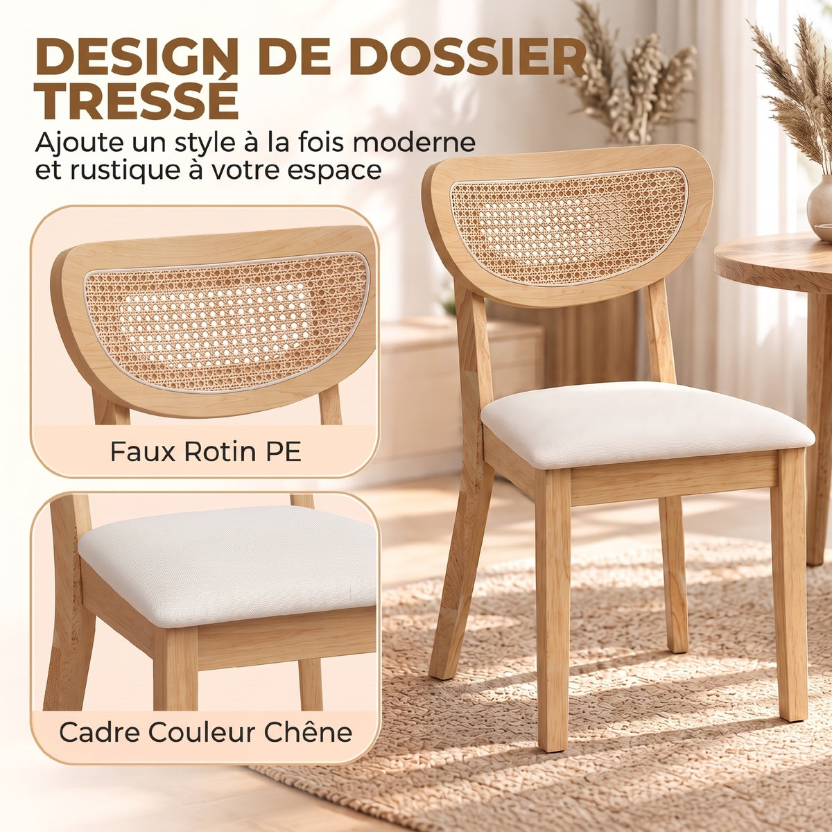 Lot de 2 Chaises de Salle à Manger, Chaises de Cuisine Rembourrées en Lin, Dossier à Effet Rotin et Pieds d'Hévéa, Beige-4