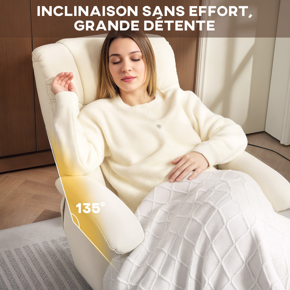 Fauteuil relax avec repose-pied fauteuil de relaxation pivotant 360° dossier inclinable charge 120 Kg crème-3