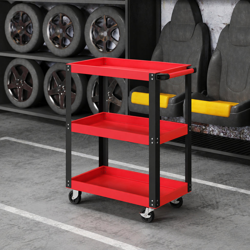 Chariot d'atelier servante atelier à 3 niveaux, poignée latérale et roulettes verrouillables, 70,5x35x82,5cm, rouge-1