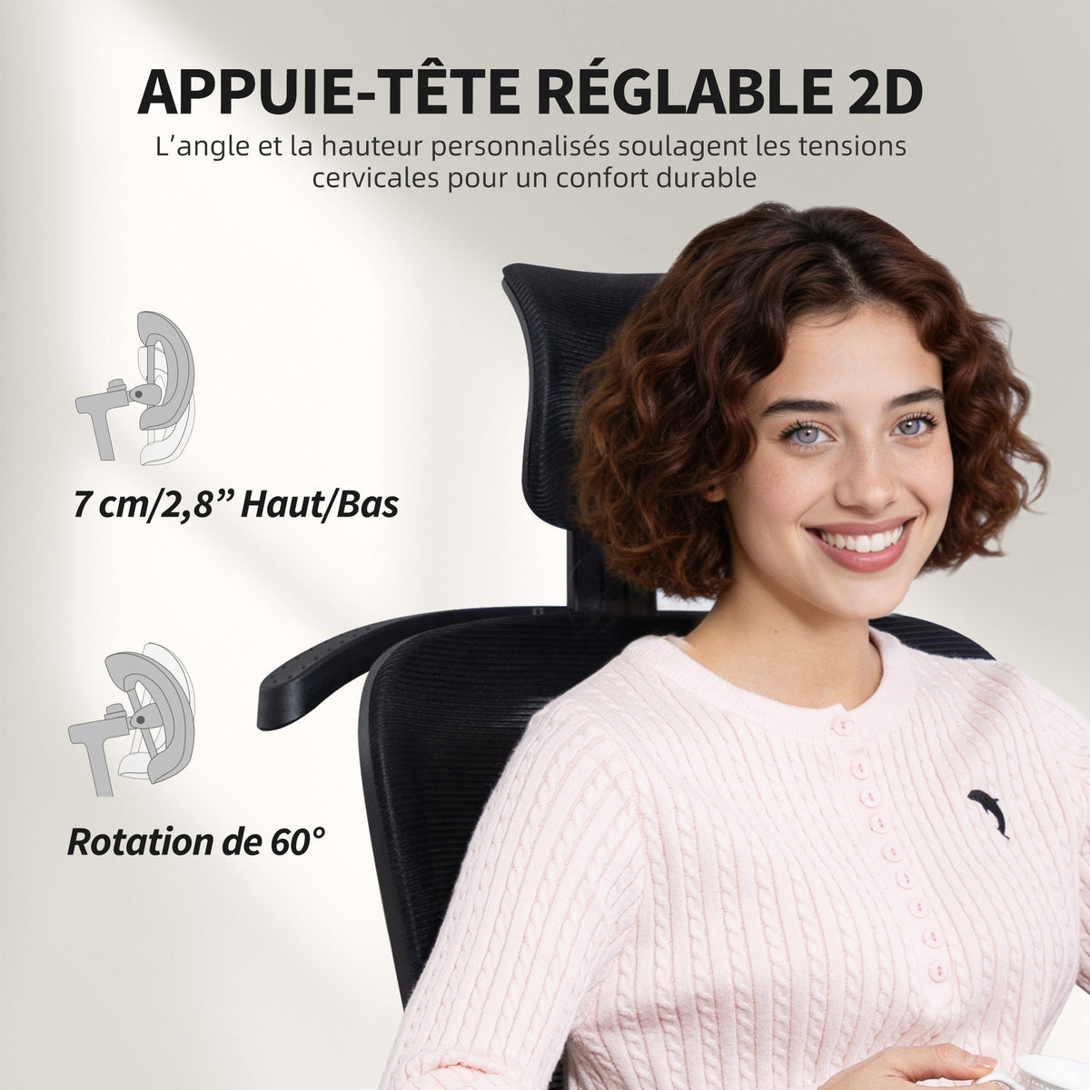 Chaise bureau ergonomique, fauteuil de bureau en maille avec appuie-tête réglable, support lombaire, 64x64x124cm, noir-6