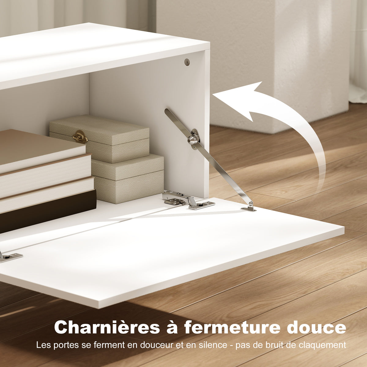 Meuble TV, meuble télé pour téléviseur jusqu'à 90 pouces avec 2 portes rabattables, tiroir, 200 x 35 x 45 cm, blanc-5