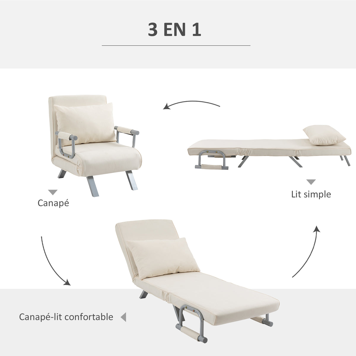 Fauteuil chauffeuse canapé-lit Convertible 1 Place déhoussable Grand Confort Coussin Pieds accoudoirs-4