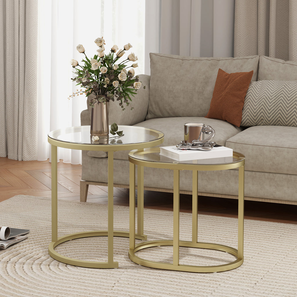 Lot de 2 tables basses tables d'appoint gigognes encastrables structure en acier et plateau verre trempé transparent or-1