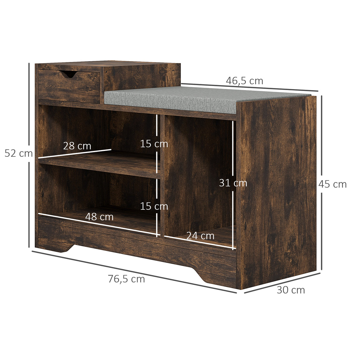 Meuble et Banc à Chaussures, 1 Tiroir et 3 Compartiments, Capacité 5 Paires, MDF, 76,5 x 30 x 52 cm, Marron-2