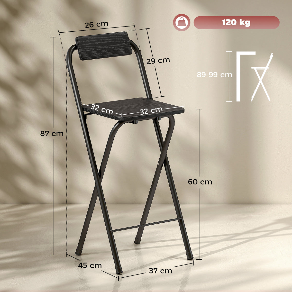 Lot de 2 tabourets de bar pliables avec dossier et repose-pieds, cadre en acier, 87 cm de haut, noir-2