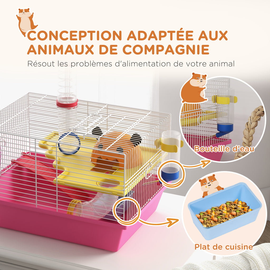 Cage à hamster rat rongeur multicolore avec plateforme, biberon eau, roue, maisonnette, 34 x 27 x 25 cm, rose-6