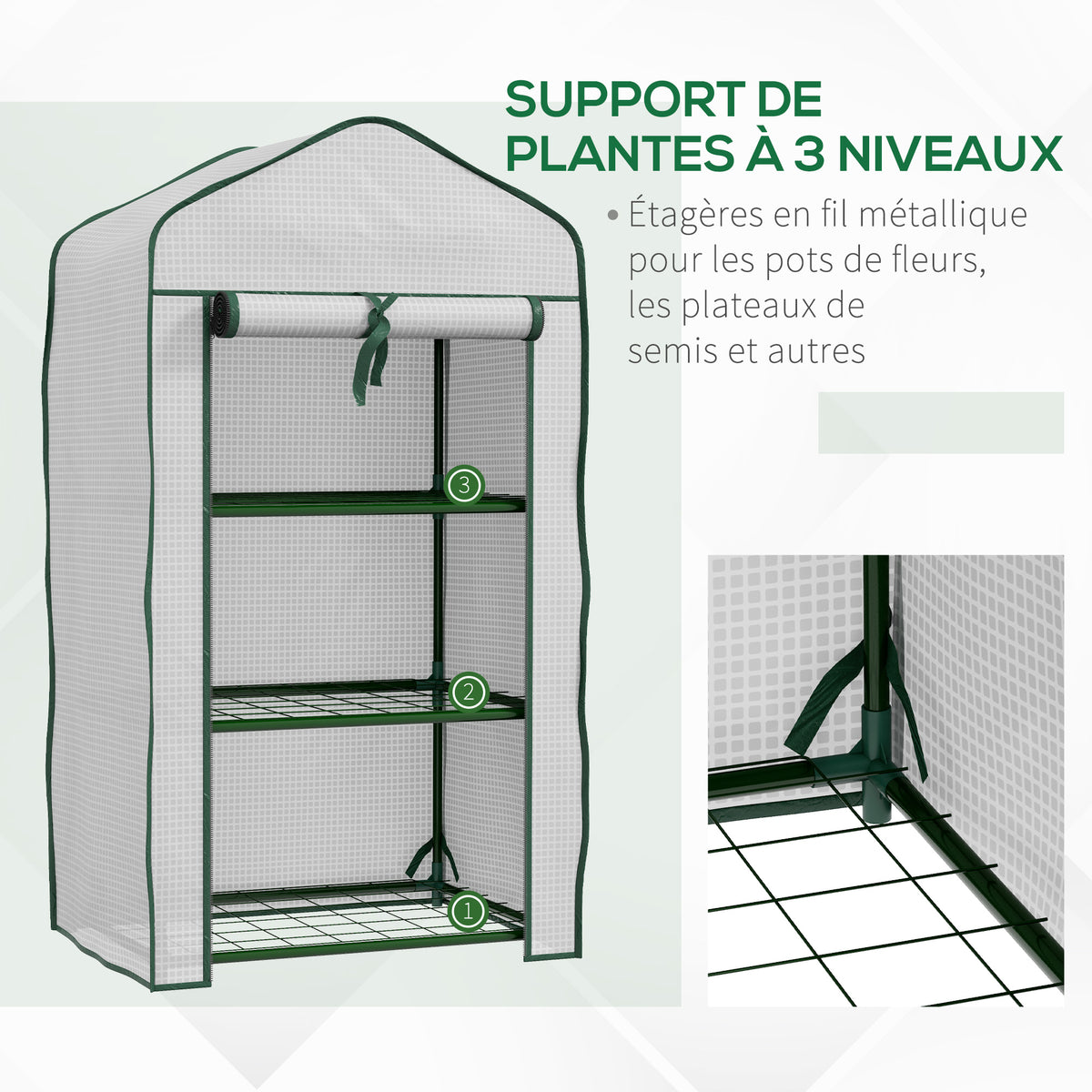 Serre de Jardin étagère 3 Niveaux dim. 59L x 39l x 127H cm métal thermolaqué Vert PE Haute densité 140g/m² Blanc-4