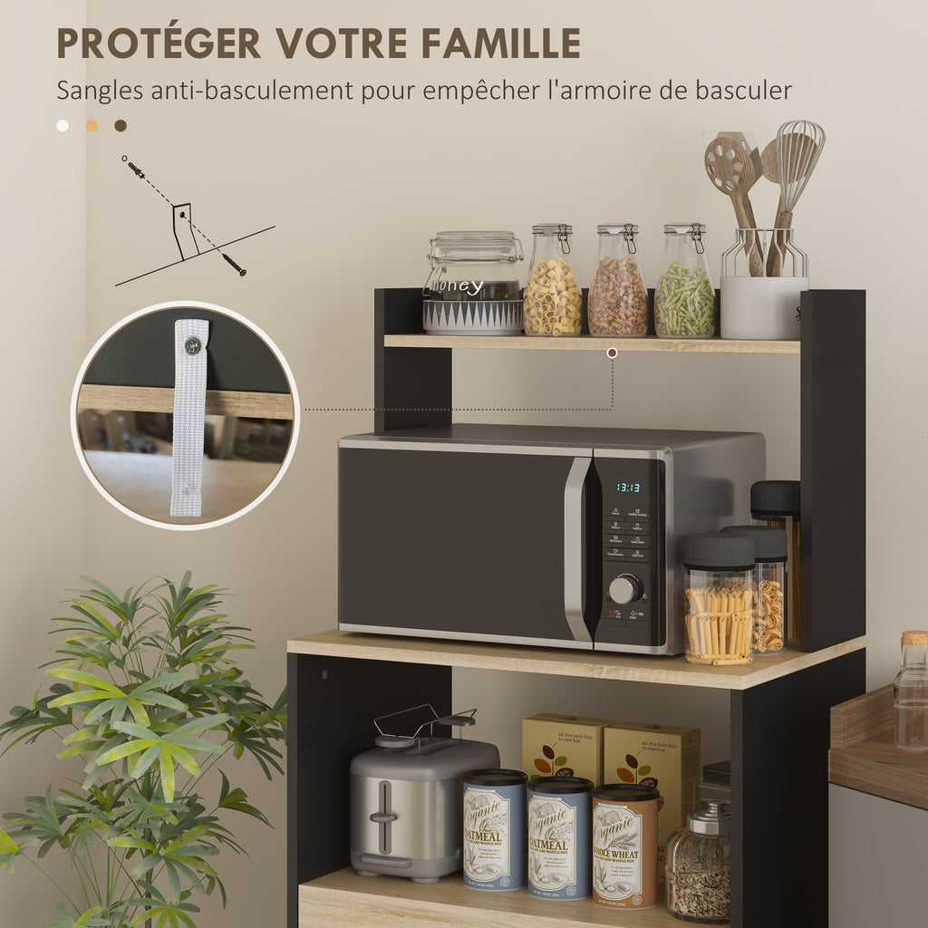 Meuble micro onde, buffet cuisine avec placard tiroir étagère supérieur, 60 x 40 x 131 cm chêne et noir-5
