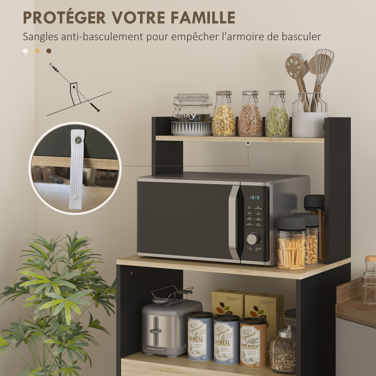 Meuble micro onde, buffet cuisine avec placard tiroir étagère supérieur, 60 x 40 x 131 cm chêne et noir-5