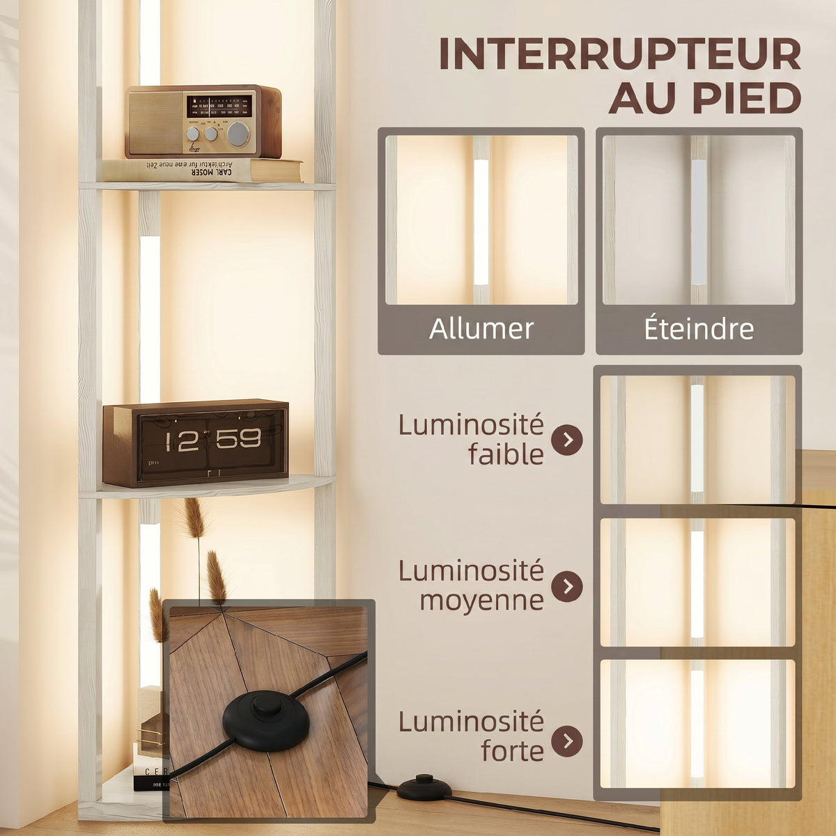 Lampadaire sur Pied Salon, Lampadaire avec Étagères d'Angle à 4 Niveaux, Lampe LED Dimmable, 41x29,5x163,5cm, Chêne-6