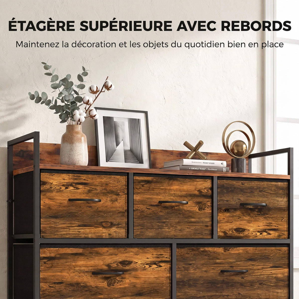 Commode 7 Tiroirs en Tissu Pliables, Commode Chambre Adulte avec Plateau Supérieur et Cadre en Acier, Brun Rustique-4