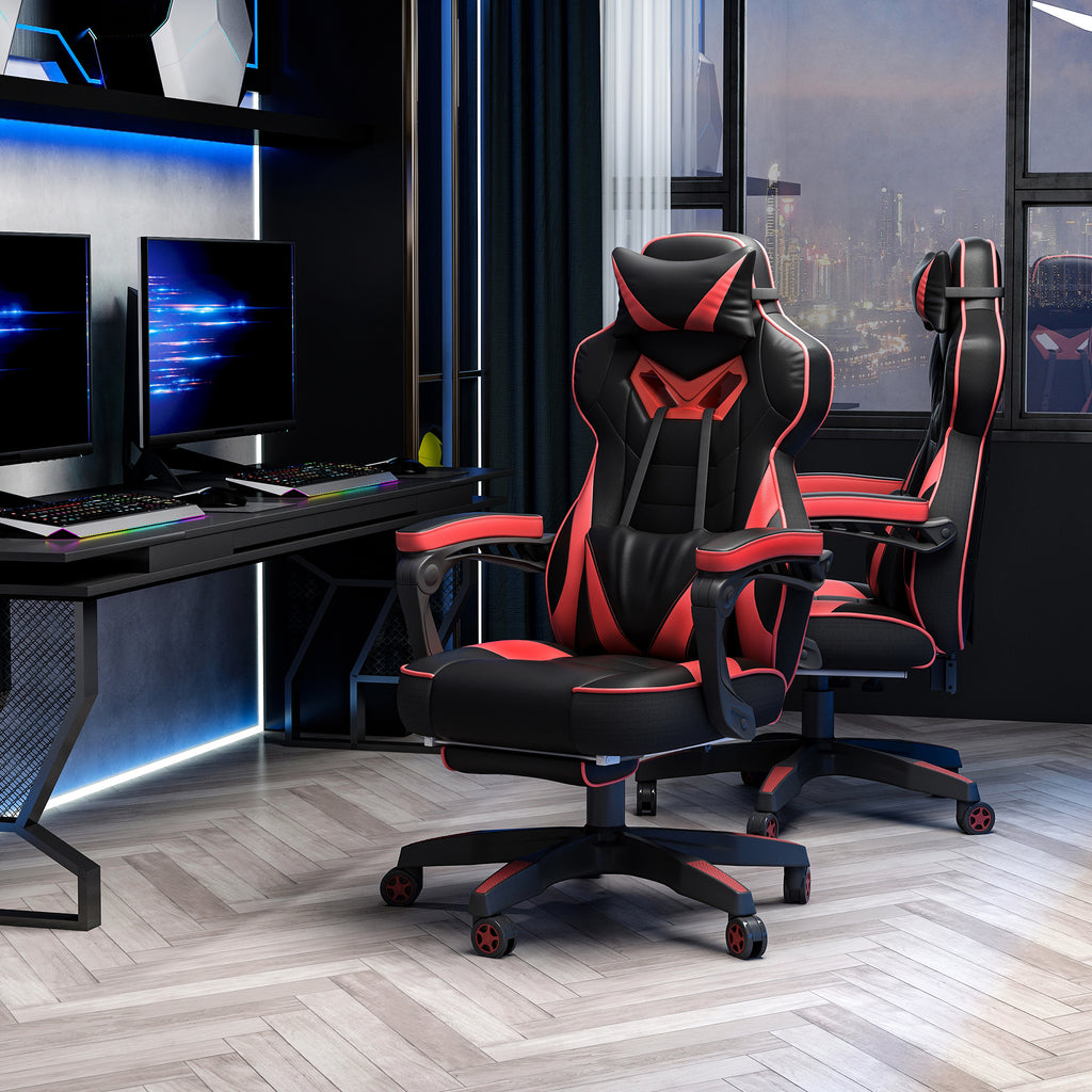 Chaise gaming Ergonomique, Fauteuil de Bureau confortable avec Repose-Pied, Appuie-Tête et coussin lombaire, Hauteur Réglable, noir et rouge-1