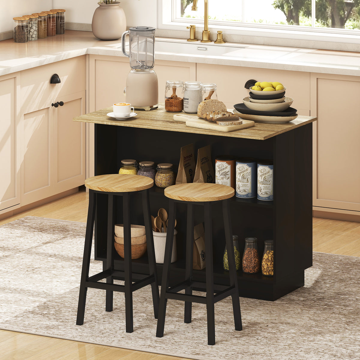 Desserte îlot de cuisine étagère réglable 2 compartiments ouverts 2 placards plan de travail effet bois 105 x 60 cm noir-9